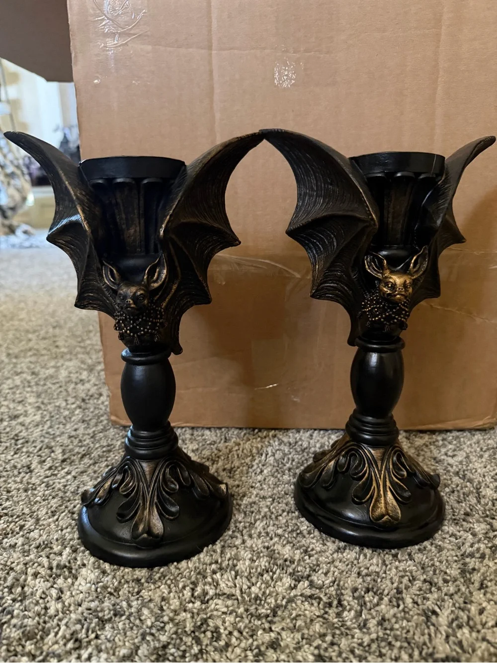 Gothic Bat Candlestick Pair - Black and Antique Gold Home Accent